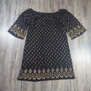 Lapogee Women Size 2X Black and Gold Print Tunic Top Dress Made In India